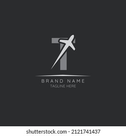 Plano incorporado de diseño del logotipo T de la letra inicial. Diseño de ilustraciones vectoriales minimalista y moderno adecuado para los negocios. Aerolíneas, aviones, aviación, plantilla de logotipo de viajes.