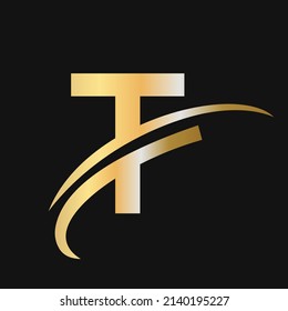 Diseño inicial del logotipo T con signo de swoosh. T logotipo basado en el alfabeto logotipo comercial color de oro