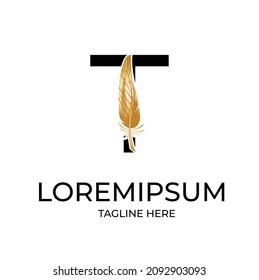 Initial letter T logo with Feather Luxury gold
