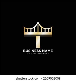 Anfangsbuchstaben T Logo mit goldenem Brückenkonzept