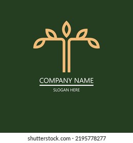 Initial Letter T Logo. T Logo With Leaves. Monogram Linear Style isolated on Green Background. Usable for Business and Branding Logos. 