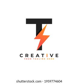 Initial Letter T Logo With Lighting Thunder Bolt. Alphabet Suitable for Fast, Power, Flash, Electric, Identity, Moving and Speed.