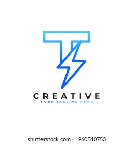Logotipo de la letra inicial T con perno de trueno iluminante de estilo lineal. Alfabeto Adecuado para Rápido, Potencia, Flash, Eléctrico, Identidad, Movimiento y Velocidad.