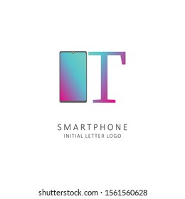 initial letter t logo with smartphone element, phone store logo design vector