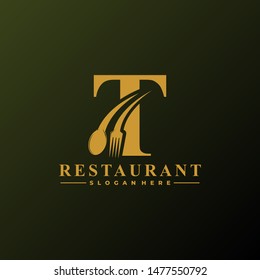 Initial Letter T Logo with Spoon And Fork for Restaurant logo Template. Editable file EPS10.