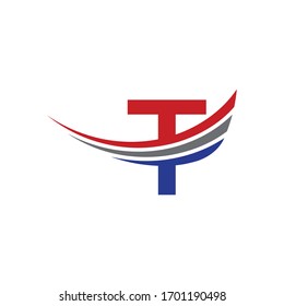 letra inicial t logotipo ala color rojo, azul y gris