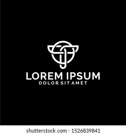 Initial letter T logo template with sacred circle taurus heraldic line art symbol in flat design monogram illustration