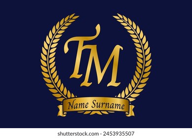 Initial letter T and M, TM monogram logo design with laurel wreath. Luxury golden calligraphy font.