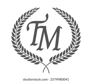 Initial letter T and M, TM monogram logo design with laurel wreath. Luxury calligraphy font.