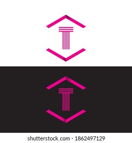 Initial letter T , minimalist line art monogram hexagon logo, pink color isolated on black and white.