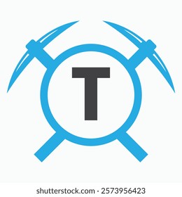 Initial Letter T Mining Logo Combine With Pickaxe Symbol Vector Template