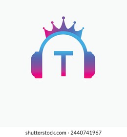 Letra inicial T Logo de la música, logotipo de la música Corona Auriculares Símbolo Logo Icono Vector Plantilla