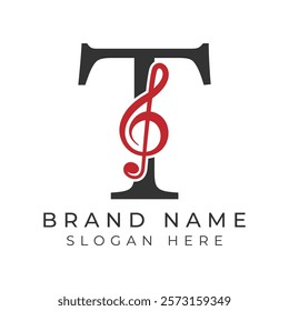 Initial Letter T with musical note Style icon. Alphabet T Music logo design