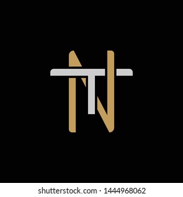 Initial letter T and N, TN, NT, overlapping interlock logo, monogram line art style, silver gold on black background