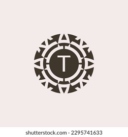 Initial letter T ornamental medal abstract relief logo