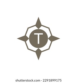 Initial letter T ornamental wind direction compass logo