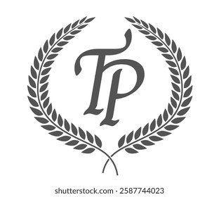 Initial letter T and P, TP monogram logo design with laurel wreath. Luxury calligraphy font.
