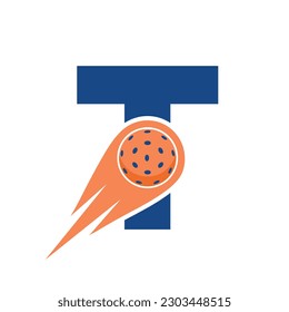 Initial Letter T Pickleball Logo Concept With Moving Pickleball Symbol. Pickle Ball Logotype Vector Template