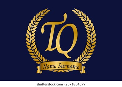 Initial letter T and Q, TQ monogram logo design with laurel wreath. Luxury golden calligraphy font.