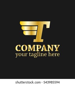Initial Letter T or R Logo With Vector Wings Icon Gold On Black or Dark Background