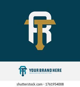 Initial letter T, R , TR or RT overlapping, interlock, monogram logo, gold and white color on blue tosca background