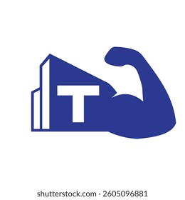 Initial Letter T Real Estate Logo Concept With City Building and Arm Symbol Vector Template