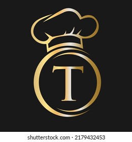 Initial Letter T Restaurant Logo Template. Restaurant Logo Concept with Chef Hat Symbol Vector Sign