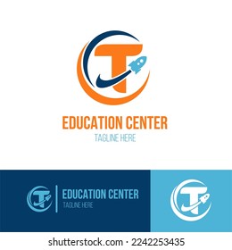 Initial Letter T with Rocket Spaceship icon for Success, Education Center, Fast Learning, Technology Business Logo Idea