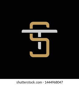 Letra inicial T y S, TS, ST, logotipo de interconexión superpuesta, estilo de arte de línea monogramo, oro plateado sobre fondo negro
