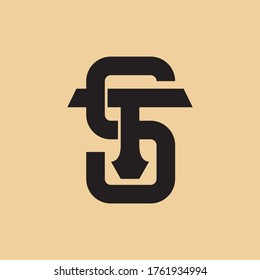 Initial letter T, S, TS or ST  overlapping, interlock, monogram logo, black color on cream background