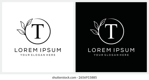 Initial letter T serif font logo design, cosmetics fashion and beauty graphic vector, leaves icon concept