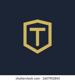 initial Letter T with Shield frame line art element. Shield Line geometry  for Security logo. Logo Icon Template for Web and Business Card, Letter Logo Template on Black Background. - vector