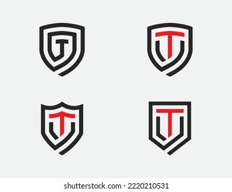 initial Letter T Shield Monogram Logo Set Concept icon sign symbol Design Element. Security, Defense, Guard Logotype. Vector illustration template