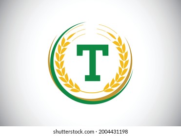 Anfangsbuchstabe T Zeichen Symbol mit Weizenähren Kranz. Design des ökologischen Weizenanbaus Design des Agrarlogo, Vektorvorlage.