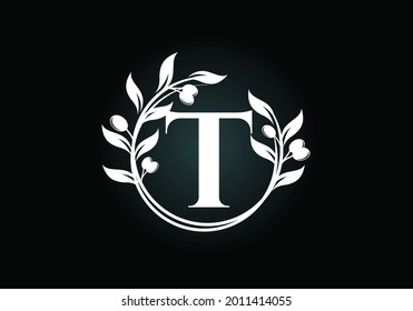 Initial letter T sign symbol with olive branch wreath. Round floral frame made by the olive branch. Agriculture industry logo design vector template. Olive oil label