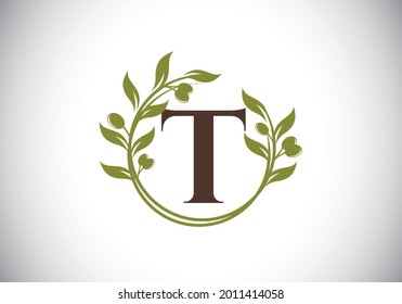 Initial letter T sign symbol with olive branch wreath. Round floral frame made by the olive branch. Agriculture industry logo design vector template. Olive oil label