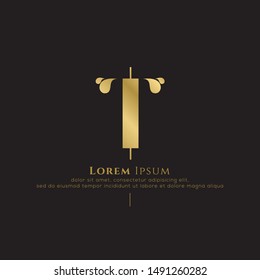 Initial letter t sliced vertical uppercase modern logo design template elements. Gold letter Isolated on black  background. Suitable for business, fashion group company.