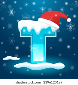 Initial Letter T with snowflake and Santa hat element, snow lettering template vector illustration. Alphabet with snow vector template.  Winter text vector usable for New Year or Christmas.
