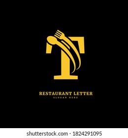 Initial letter T with spoon and fork for restaurant concept. letter T logo, fit for company and culinary business.