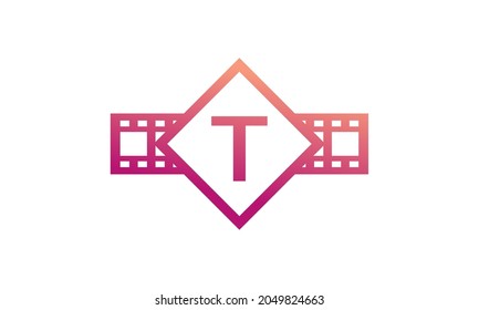 Initial Letter T Square with Reel Stripes Filmstrip for Film Movie Cinema Production Studio Logo Inspiration