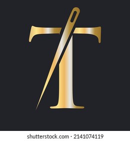 Initial Letter T Tailor Logo, Needle and Thread Combination for Embroider, Textile, Fashion, Cloth, Fabric, Golden Color Template