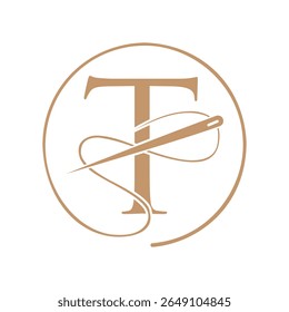 Letra inicial T logotipo alfaiate, agulha e logotipo de linha para vestuário, bordado, têxtil, moda, pano, sinal de tecido