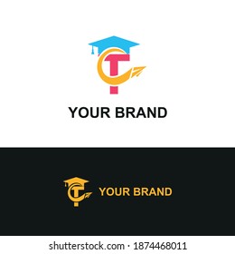 Initial letter T with toga hat  graduation gown and paper plane flying around for education academy logo concept 