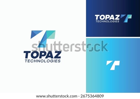 Initial Letter T Topaz Gem Gemstone Low Poly Glass style with Ice Cool Colors logo design