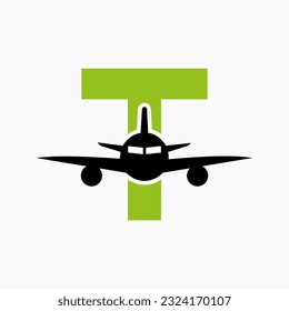 Initial Letter T Travel Logo Concept With Flying Air Plane Symbol