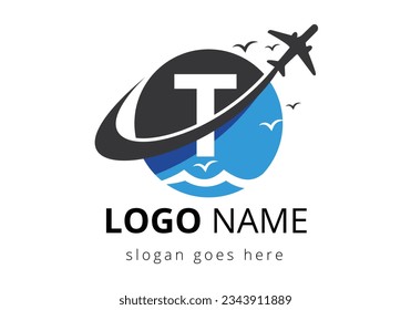 Initial Letter T  with travel logo design. Air, Airline, Airplane and travel logo design template.