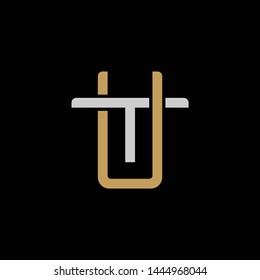 Initial letter T and U, TU, UT, overlapping interlock logo, monogram line art style, silver gold on black background