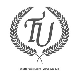 Initial letter T and U, TU monogram logo design with laurel wreath. Luxury calligraphy font.