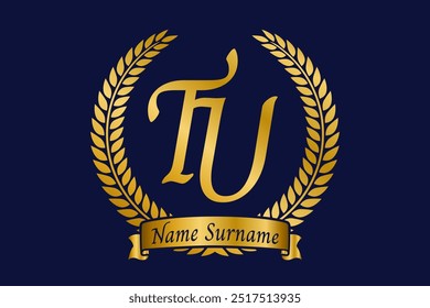 Initial letter T and U, TU monogram logo design with laurel wreath. Luxury golden calligraphy font.