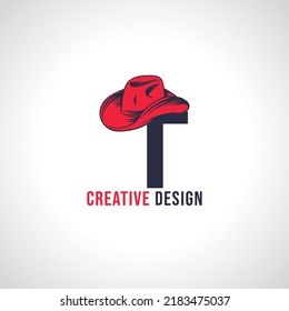 Initial Letter T Vector Logo Design with Red Cowboy Hat